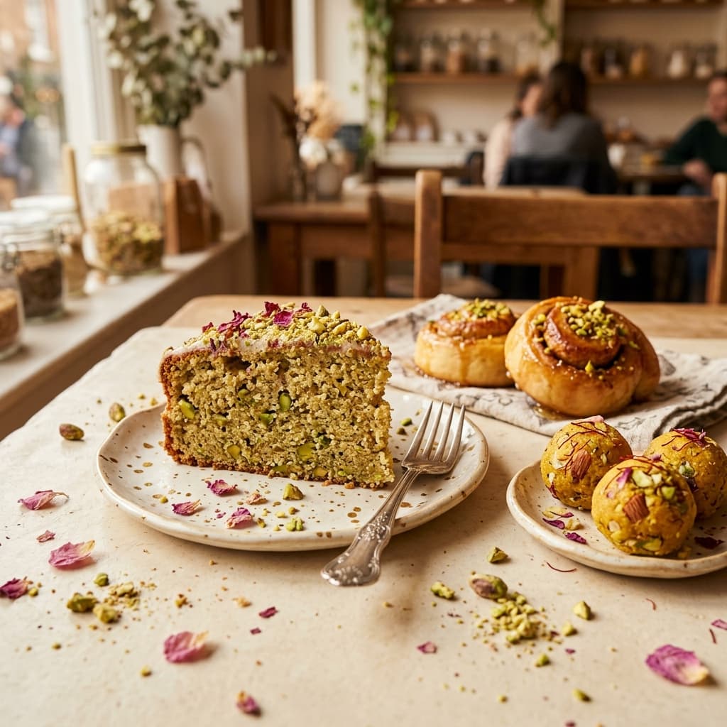 Cardamom tea cake with laddoos and buns