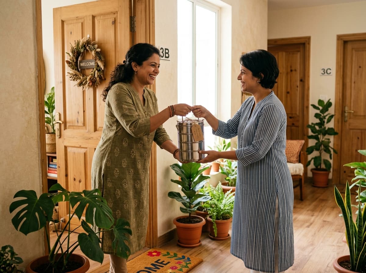 A neighbour hands over a steel tiffin carrier at her front door