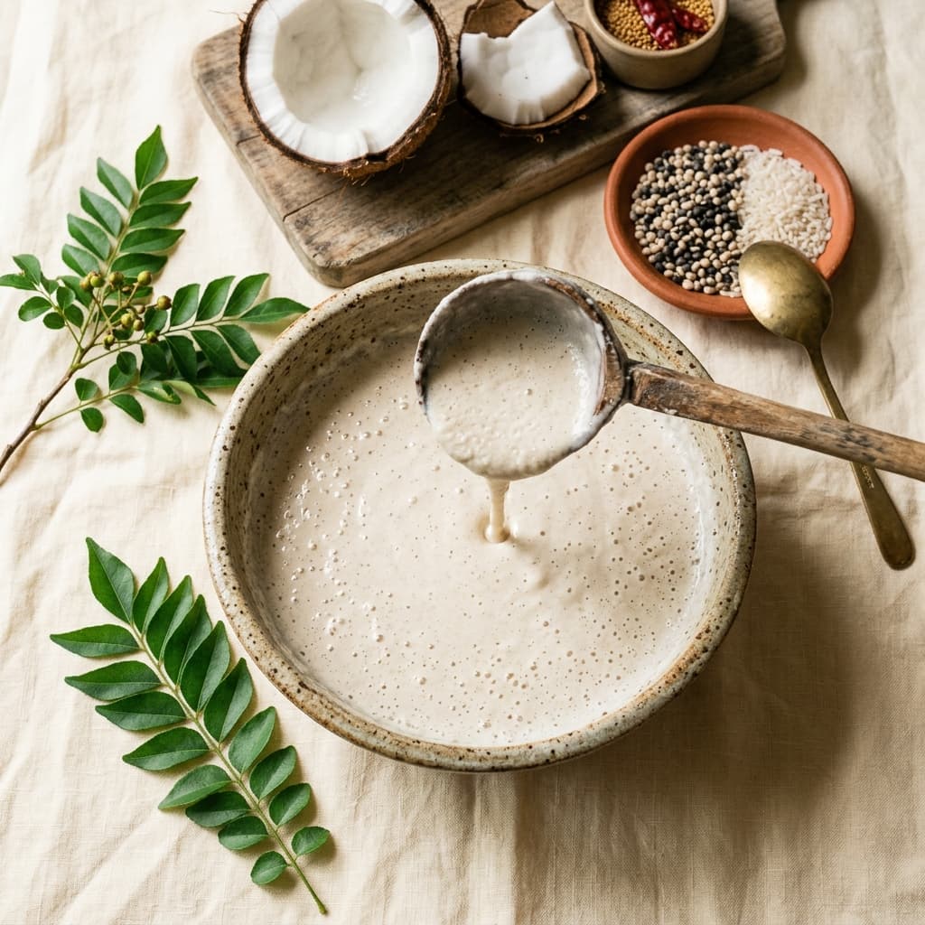 A bowl of fresh dosa batter with a wooden ladle