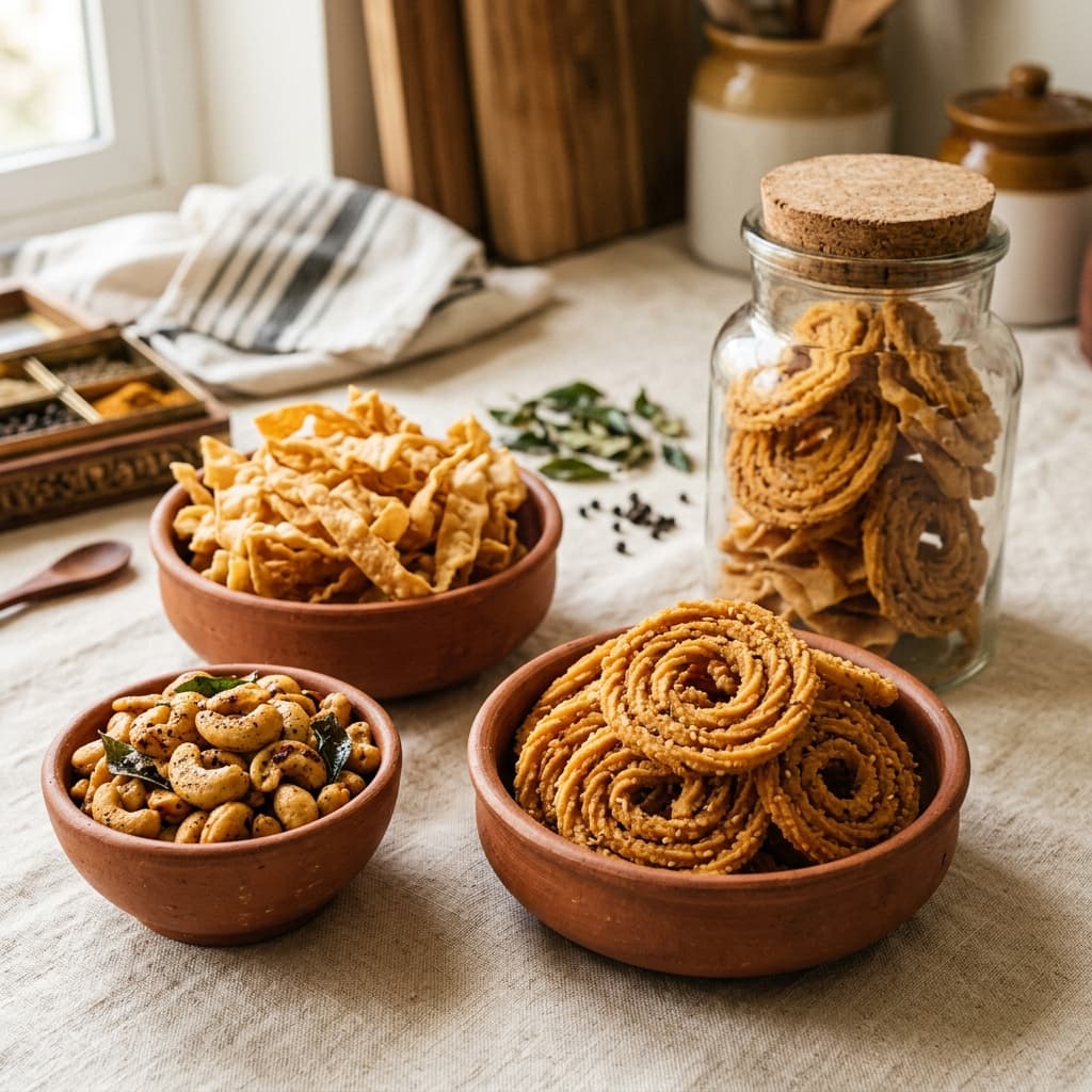 Clay bowls of murukku, ribbon pakoda and roasted cashews